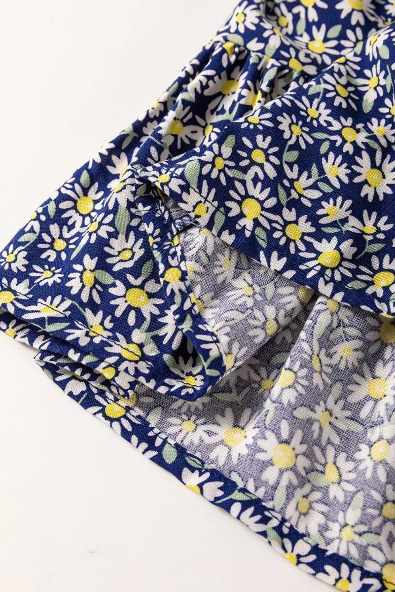 Blue Boho Floral Print Smocked Square Neck Blouse - Love Salve